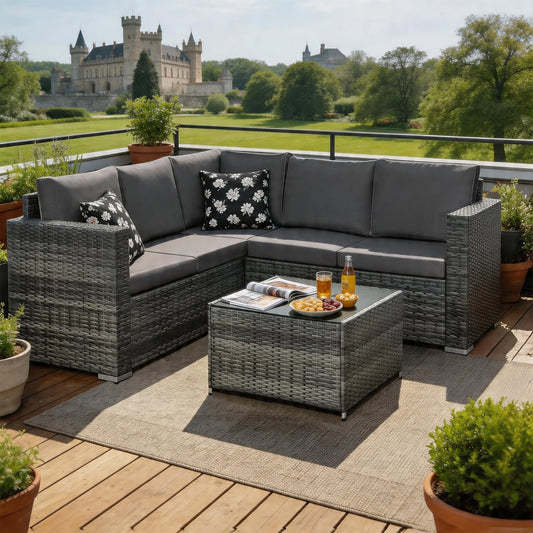 5 Seaters Rattan Garden Furniture Corner Sofa Set with Table, Outdoor Patio Set