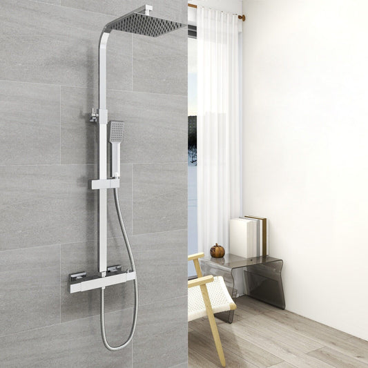 Thermostatic Mixer Shower Set Square Chrome Twin Head Exposed Valve