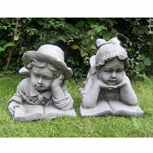 Garden Boy Girl Ornaments Stone Effect Distressed Statue Reading Kid's Outdoor