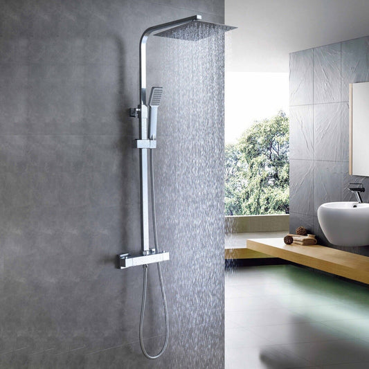 Thermostatic Mixer Shower Set Square Chrome Twin Head Exposed Valve