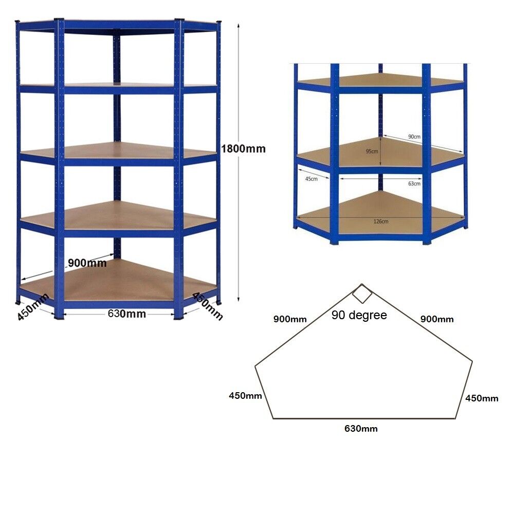 Super Heavy Duty Metal Shelving 1800 x 900 x 450mm Blue Corner Garage Racking/Shelving & 2 x 900mm Bays