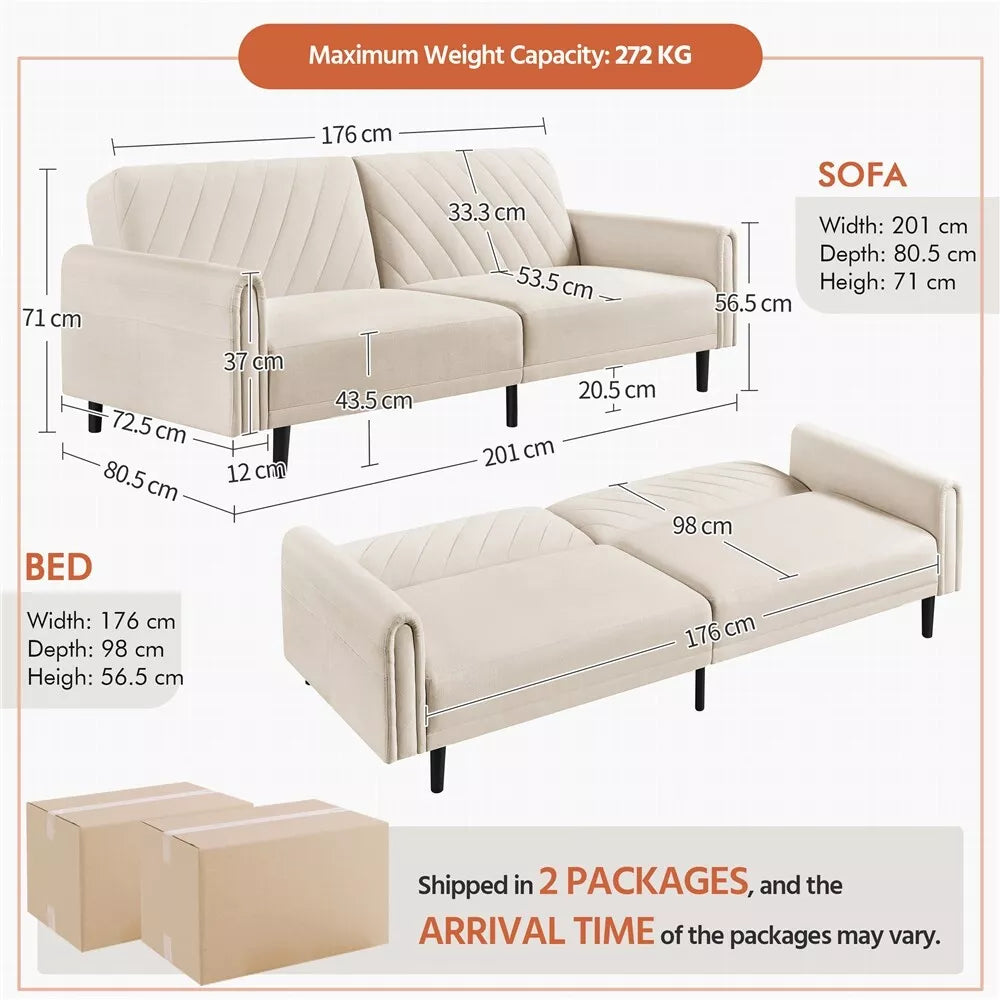 3-Seater Sofa Bed Click-clack Futon Versatile Daybed with Large Side Pockets