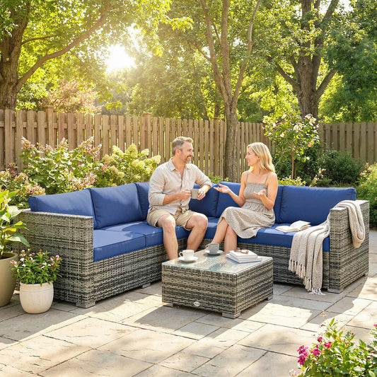 4 Pieces Rattan Garden Furniture Sofa Set with Coffee Table Blue