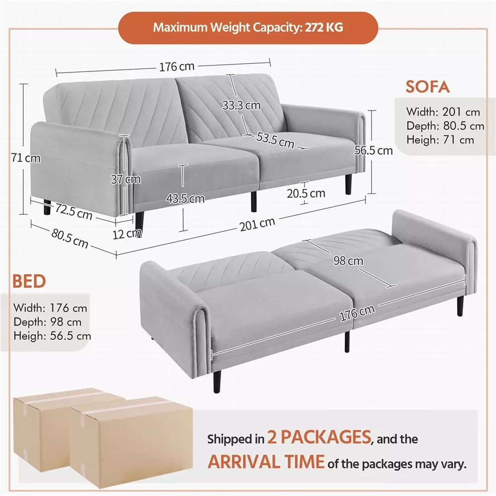 3-Seater Sofa Bed Click-clack Futon Versatile Daybed with Large Side Pockets