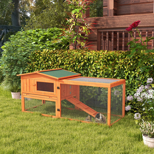 Orange Bunny Cage Rabbit Hutch Outdoor Guinea Pig House w/ Slide-Out Tray Hay Rack Ramp