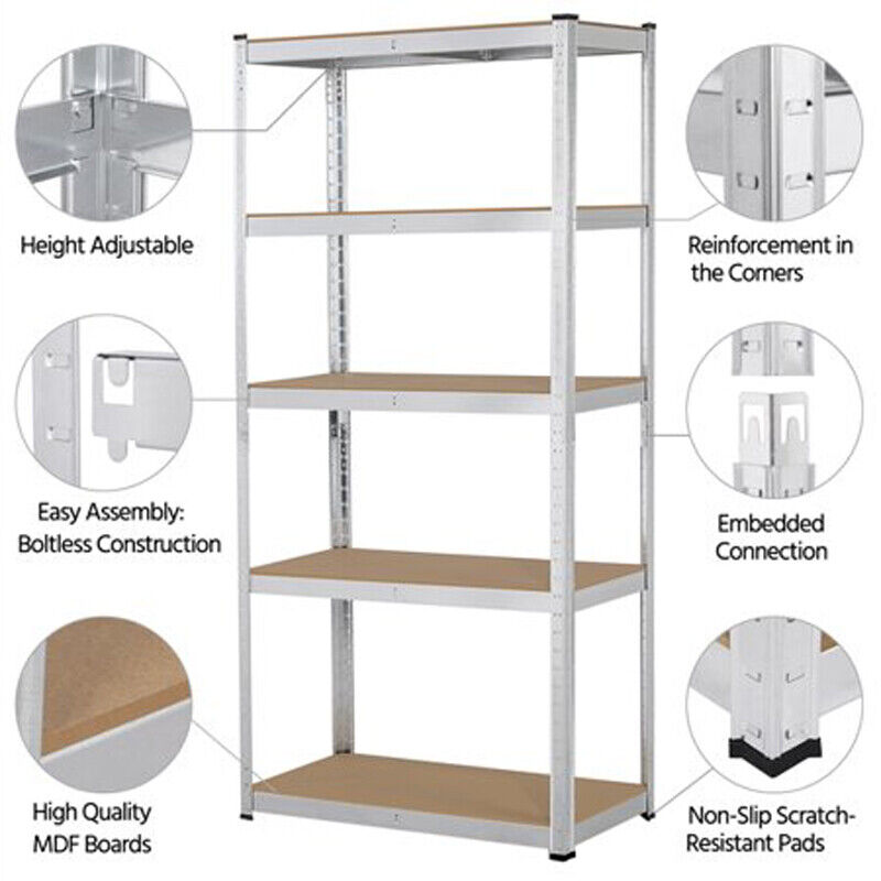 Gray 5-Tier Metal Storage Shelves 60 in. Garage Rack with Adjustable Shelves