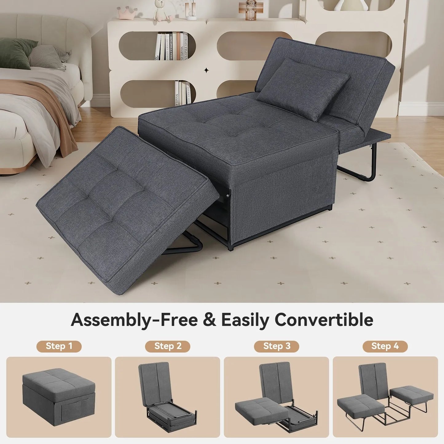 Folding Sofa Bed 4 In 1 Recliner Chair Single Convertible Sleeper Lounger Grey