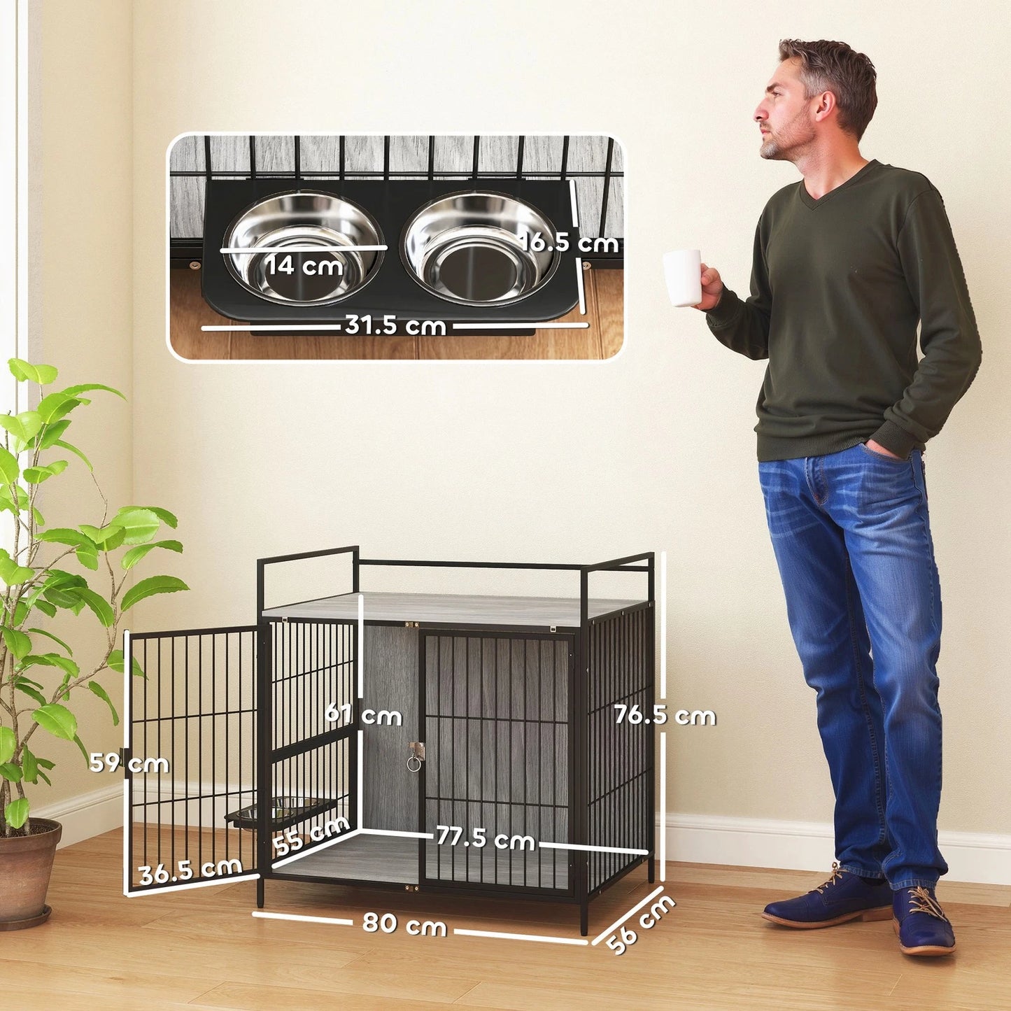 Dog Crate Furniture with Rotating Bowl Holder for Medium Dogs, Grey