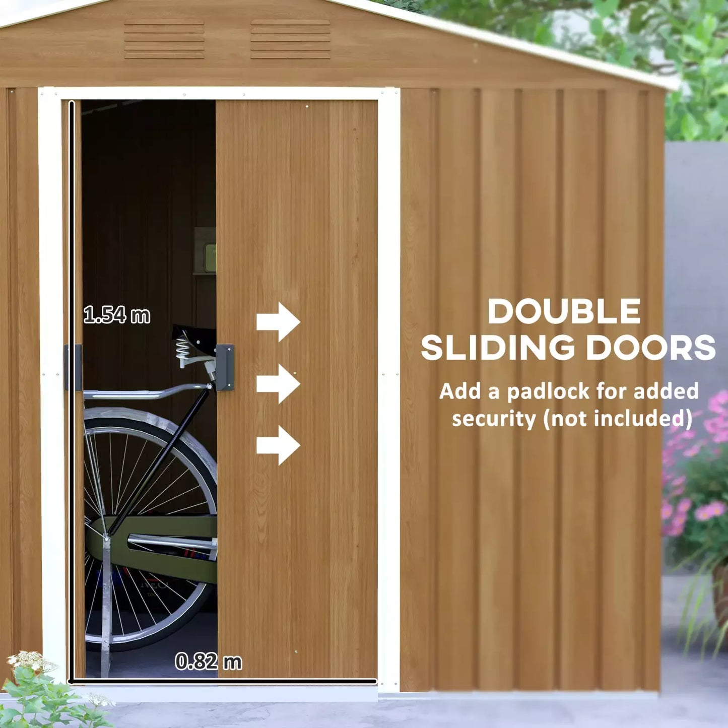 Large Metal Garden Shed 8 x 6ft Wood Effect Tool Storage Sliding Door Lockable