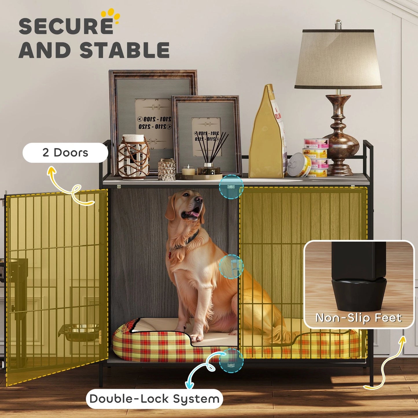 Dog Crate Furniture with Rotating Bowl Holder for Large Dogs, Grey