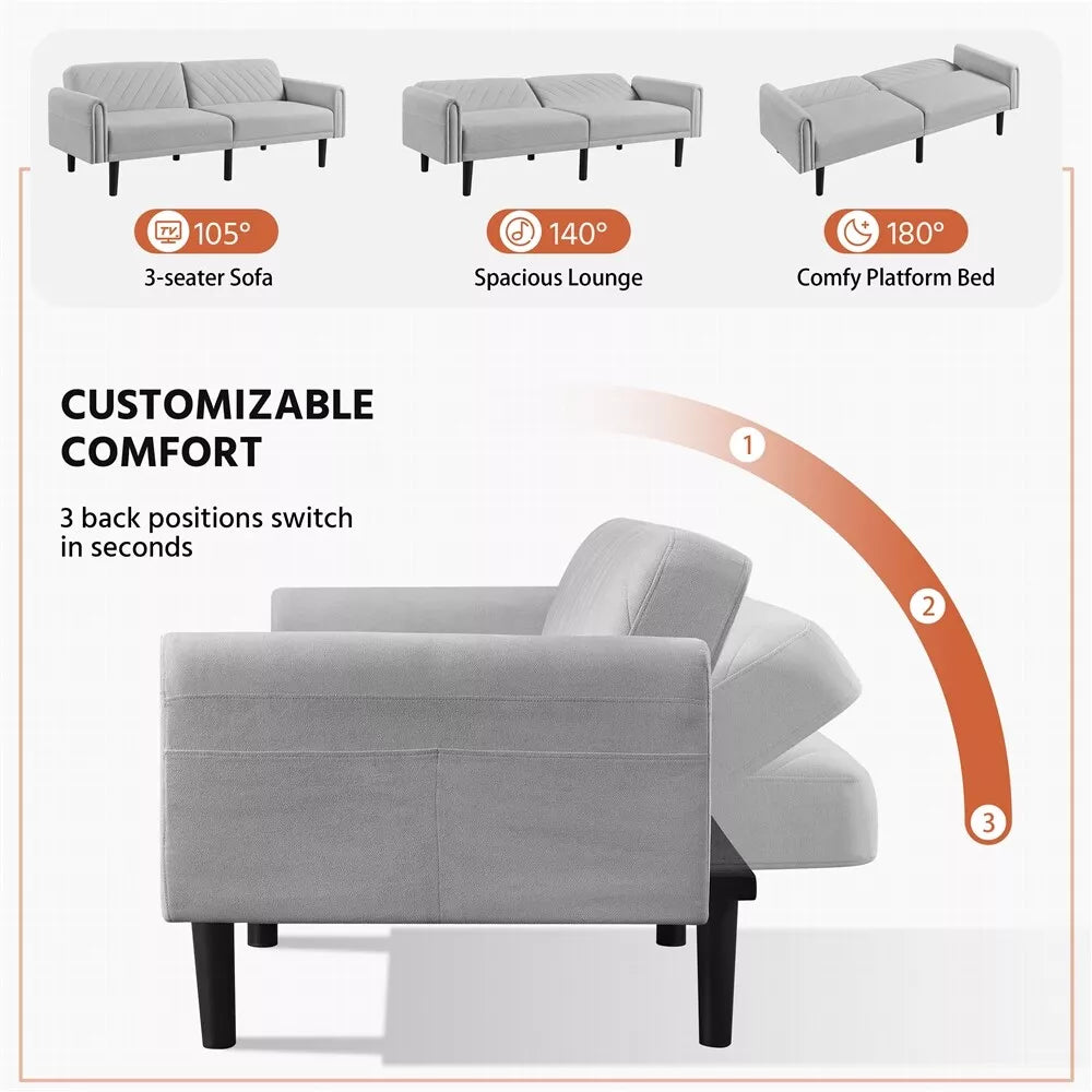 3-Seater Sofa Bed Click-clack Futon Versatile Daybed with Large Side Pockets