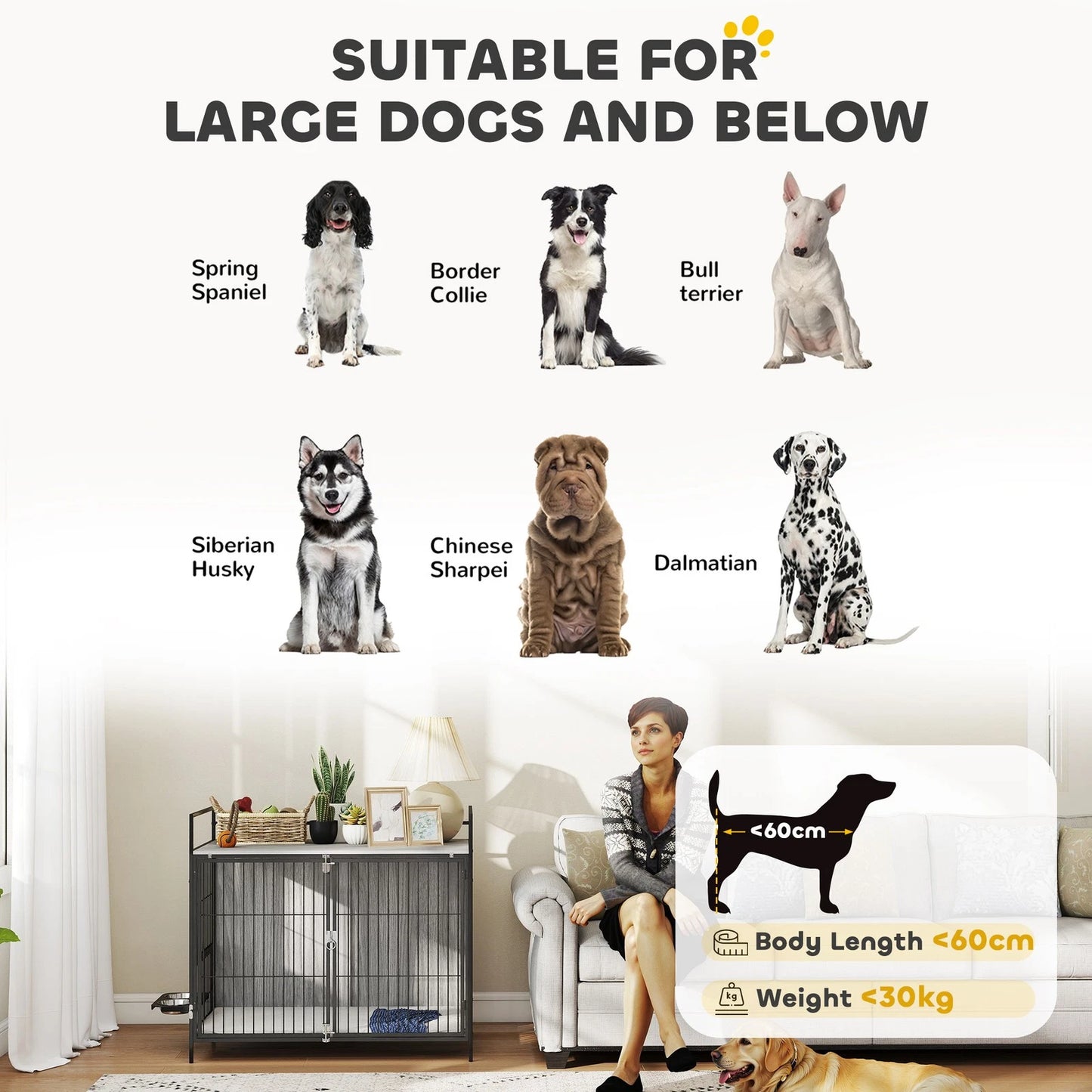 Dog Crate Furniture with Rotating Bowl Holder for Large Dogs, Grey
