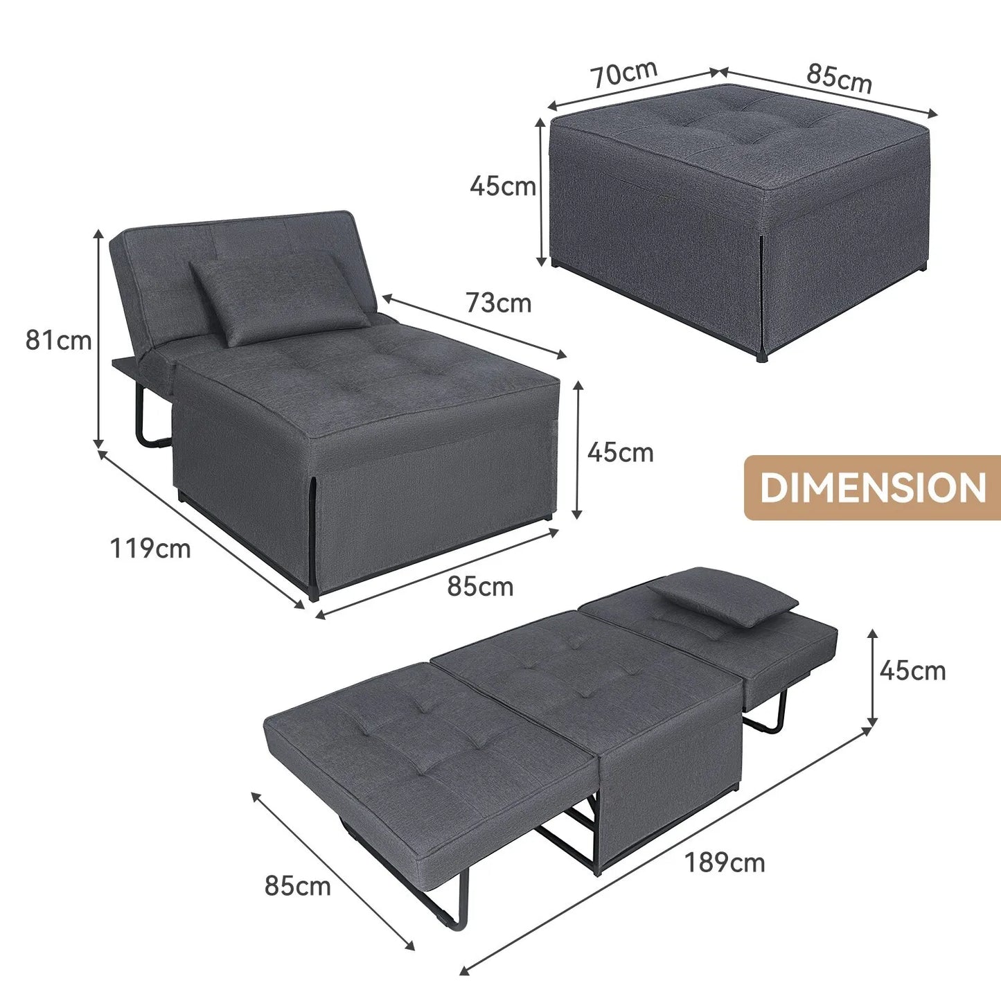 Folding Sofa Bed 4 In 1 Recliner Chair Single Convertible Sleeper Lounger Grey