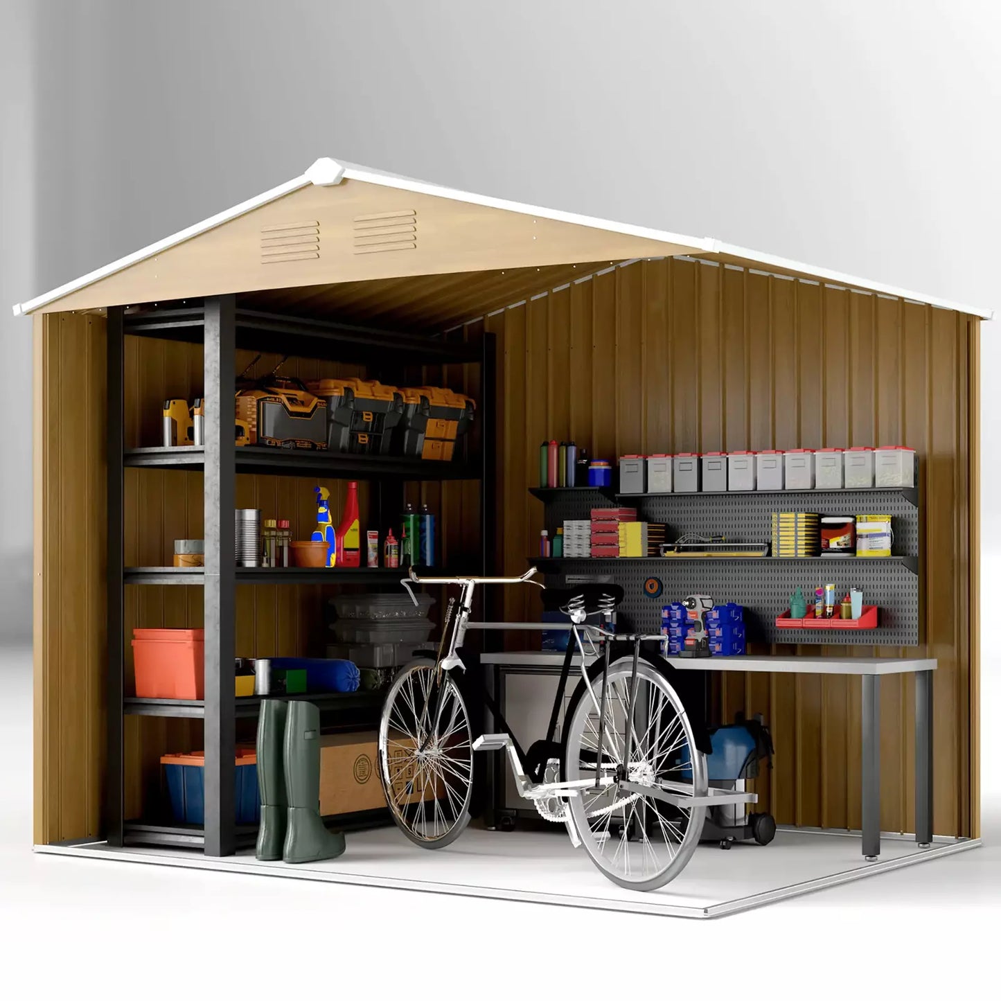 Large Metal Garden Shed 8 x 6ft Wood Effect Tool Storage Sliding Door Lockable