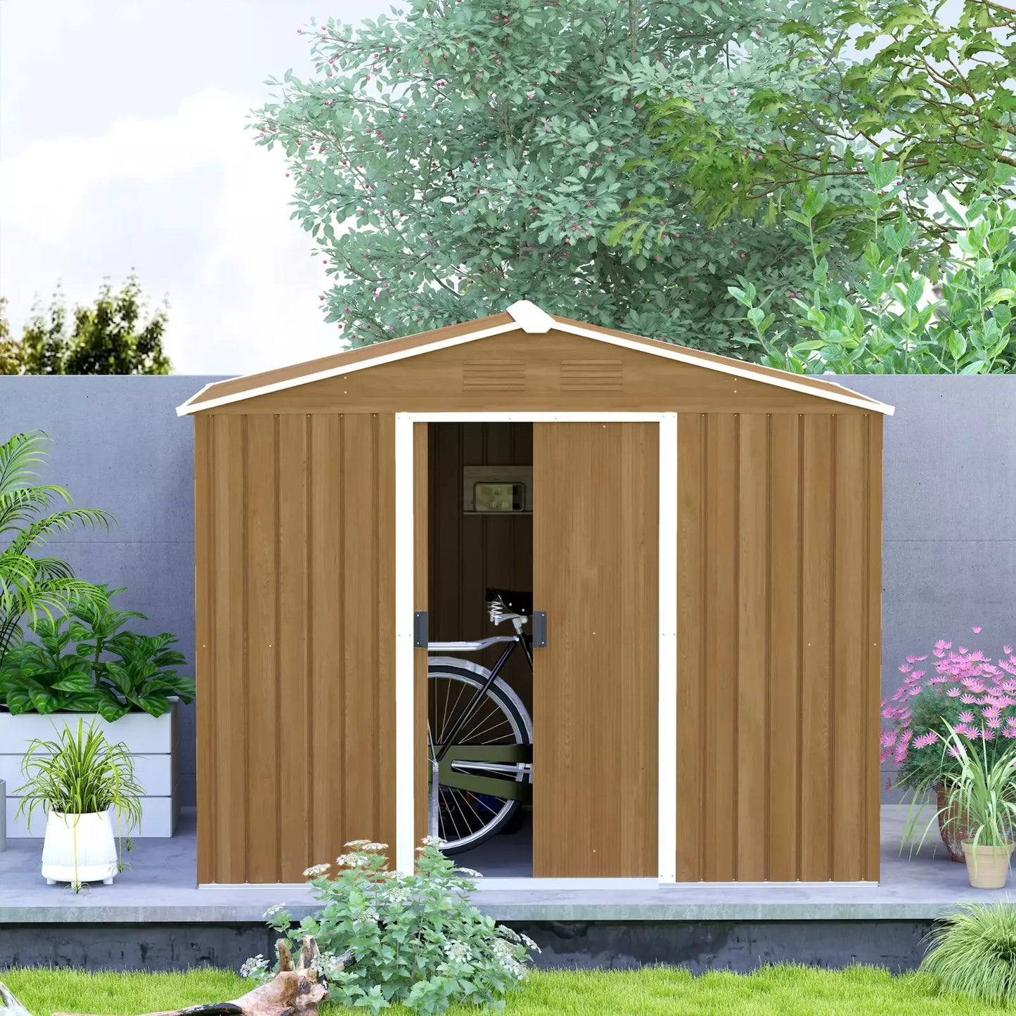 Large Metal Garden Shed 8 x 6ft Wood Effect Tool Storage Sliding Door Lockable
