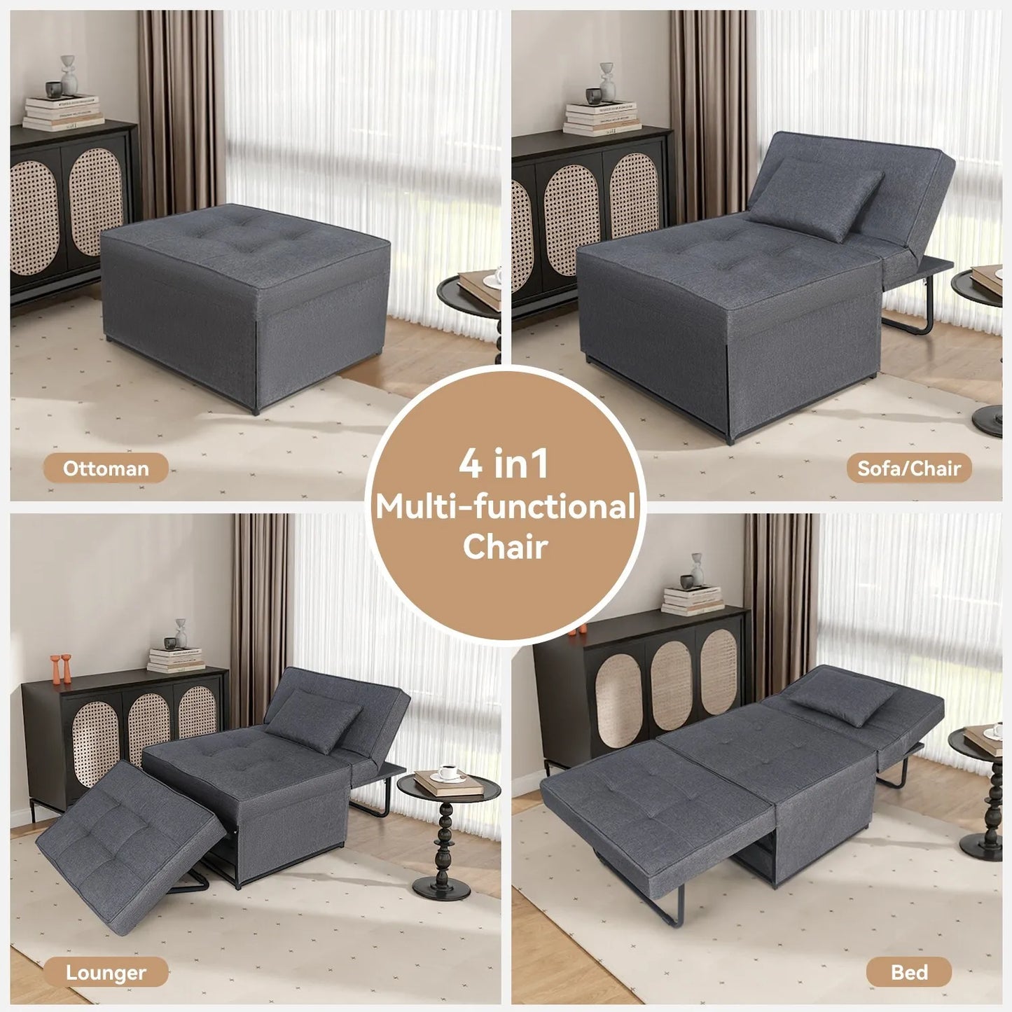 Folding Sofa Bed 4 In 1 Recliner Chair Single Convertible Sleeper Lounger Grey