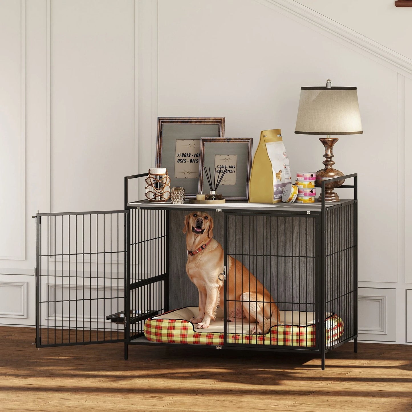 Dog Crate Furniture with Rotating Bowl Holder for Large Dogs, Grey