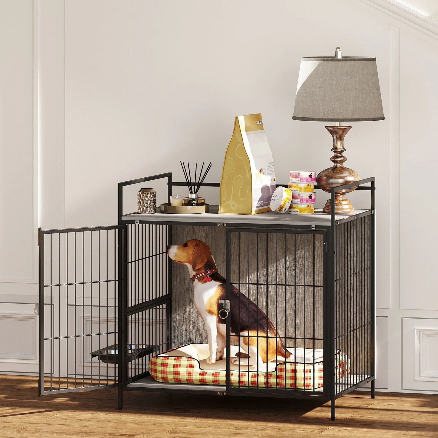 Dog Crate Furniture with Rotating Bowl Holder for Medium Dogs, Grey