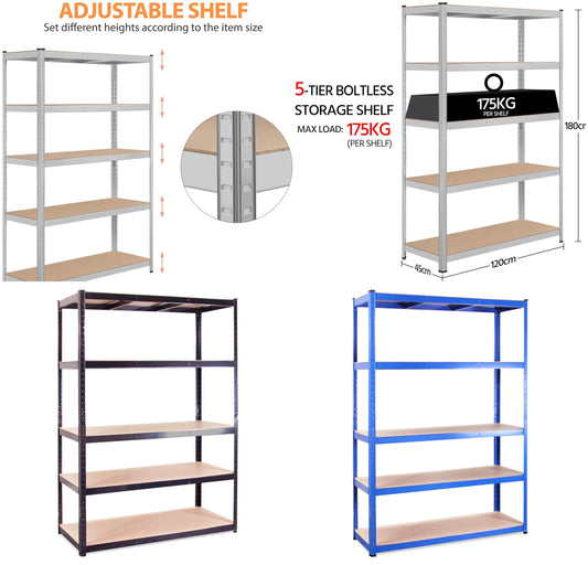 180X120X45CM Galvanised, Black or Blue Shelving Unit Storage Shelves Steel Boltless 5 Tier Racking Heavy Duty Garage