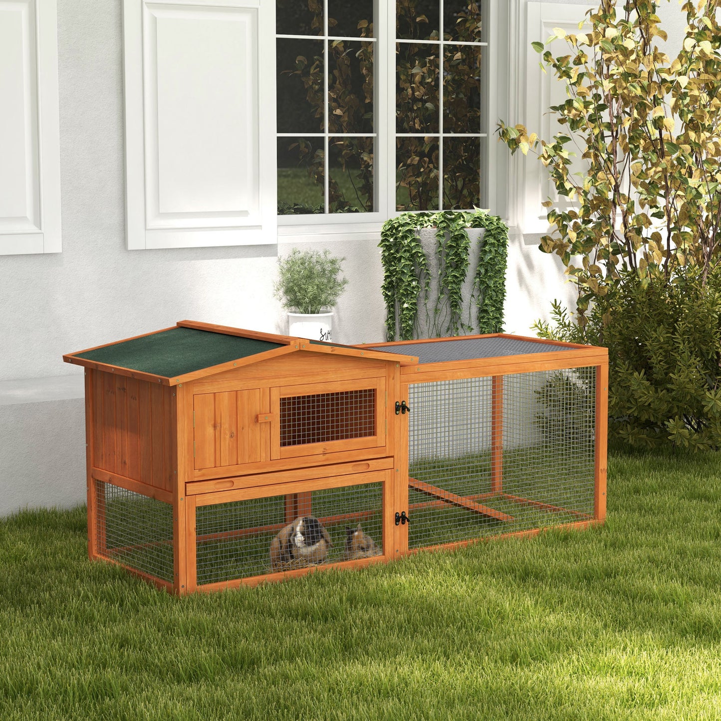 Orange Bunny Cage Rabbit Hutch Outdoor Guinea Pig House w/ Slide-Out Tray Hay Rack Ramp