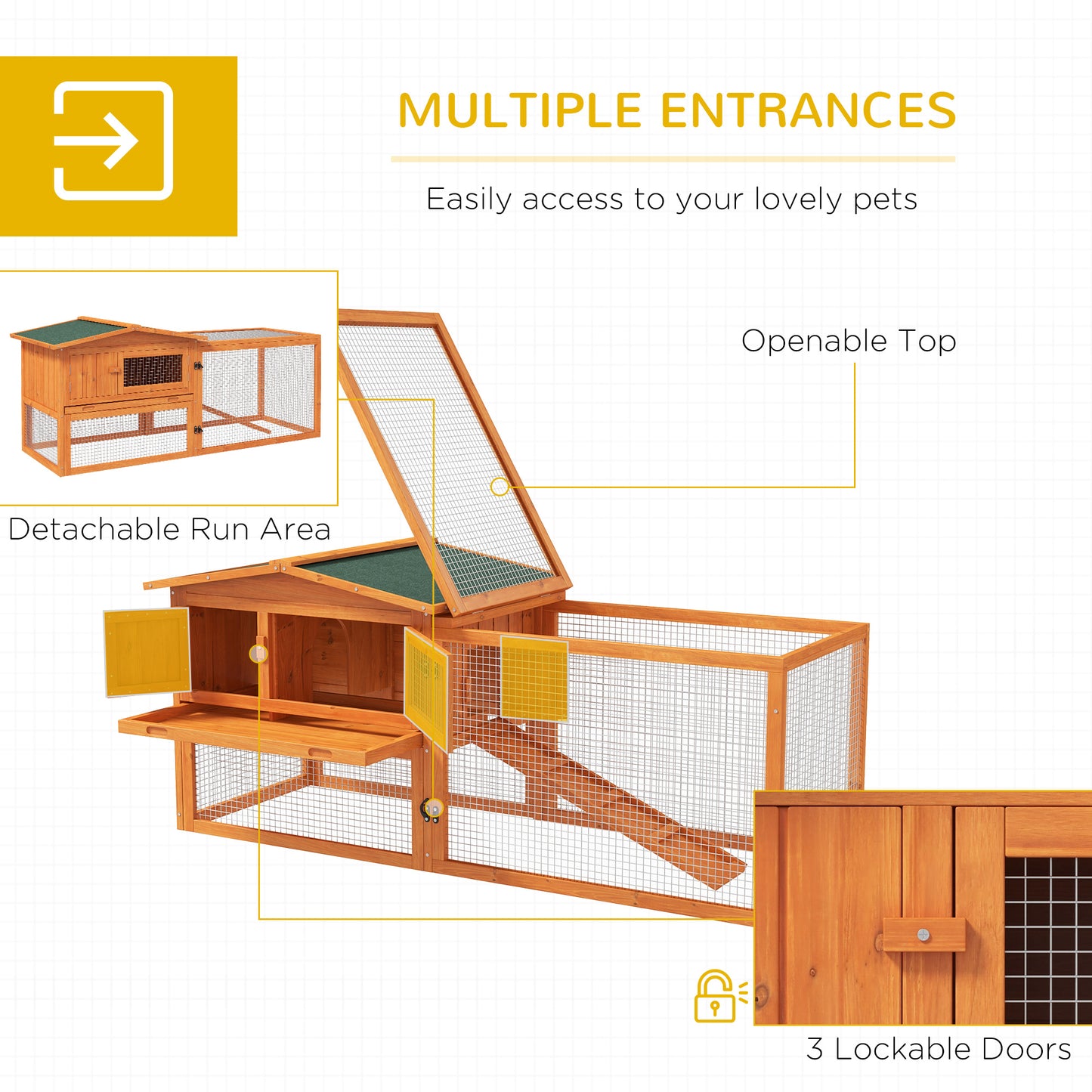 Orange Bunny Cage Rabbit Hutch Outdoor Guinea Pig House w/ Slide-Out Tray Hay Rack Ramp