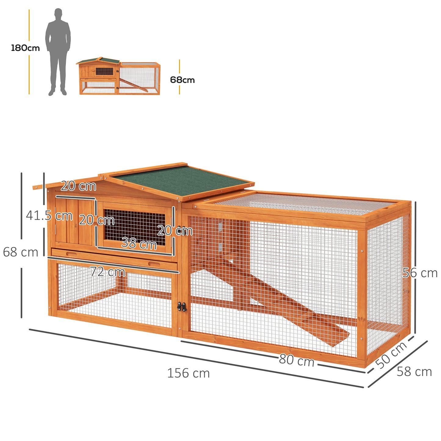 Orange Bunny Cage Rabbit Hutch Outdoor Guinea Pig House w/ Slide-Out Tray Hay Rack Ramp