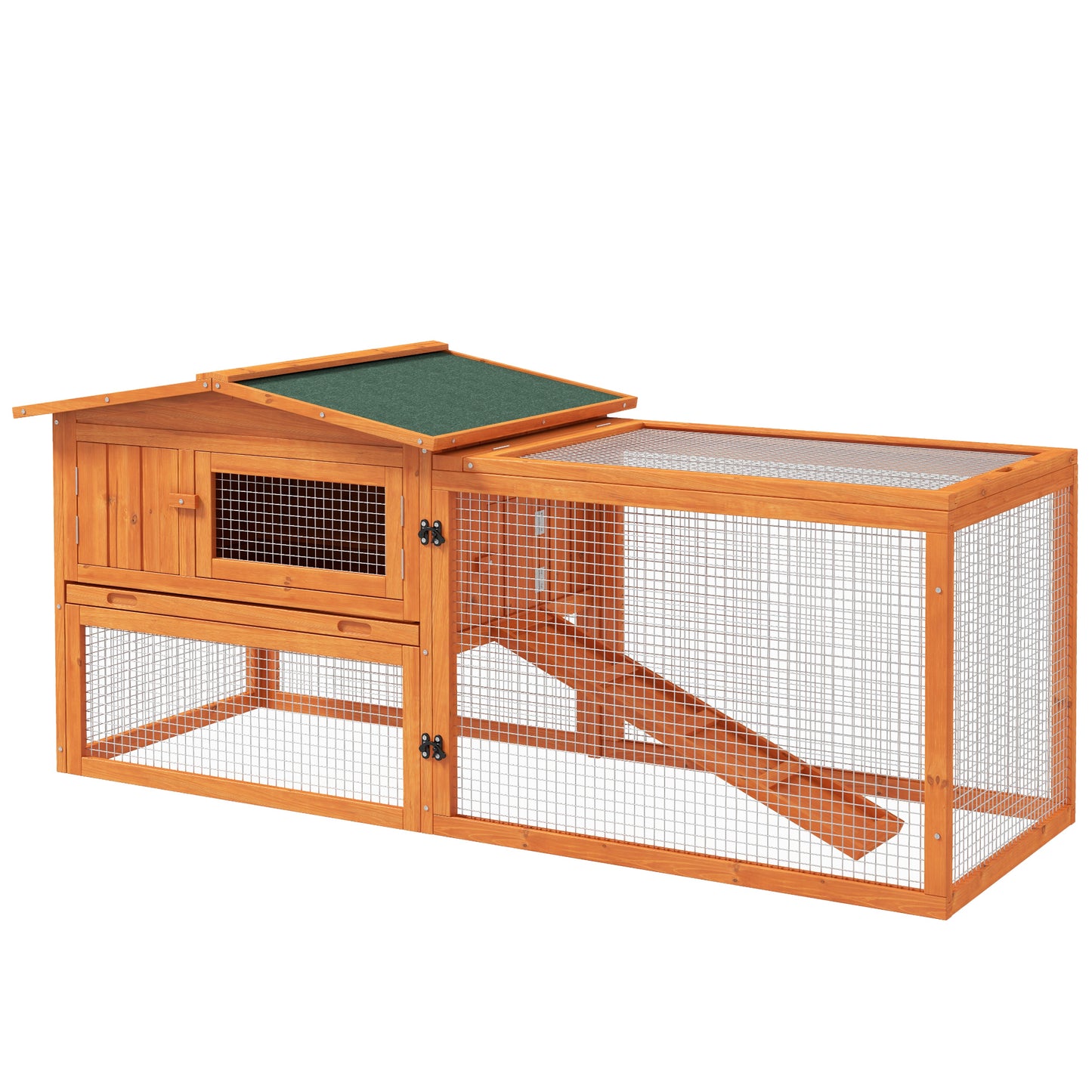 Orange Bunny Cage Rabbit Hutch Outdoor Guinea Pig House w/ Slide-Out Tray Hay Rack Ramp