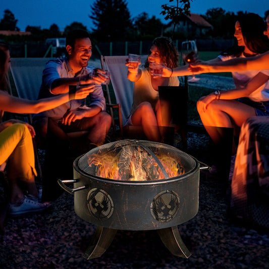 Outdoor Fire Pit Charcoal Log Wood Burner Firebowl with Screen Cover & Poker