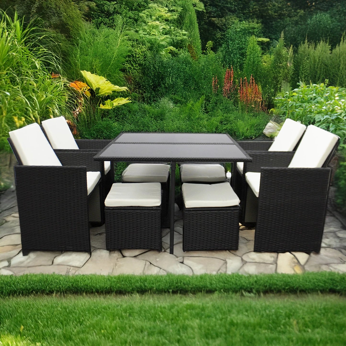 8 Seaters Rattan Garden Corner Sofa Set with Glass Dining Table Cushion Outdoor
