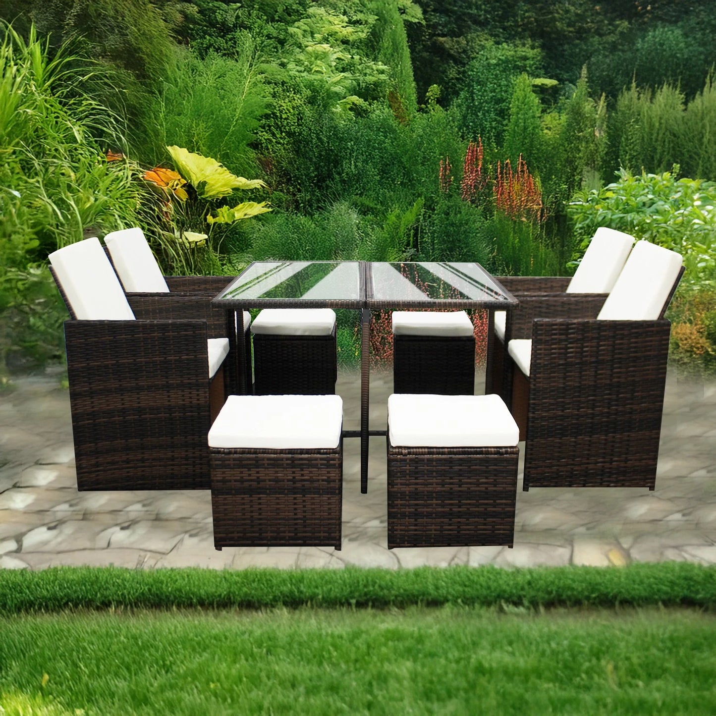 8 Seaters Rattan Garden Corner Sofa Set with Glass Dining Table Cushion Outdoor