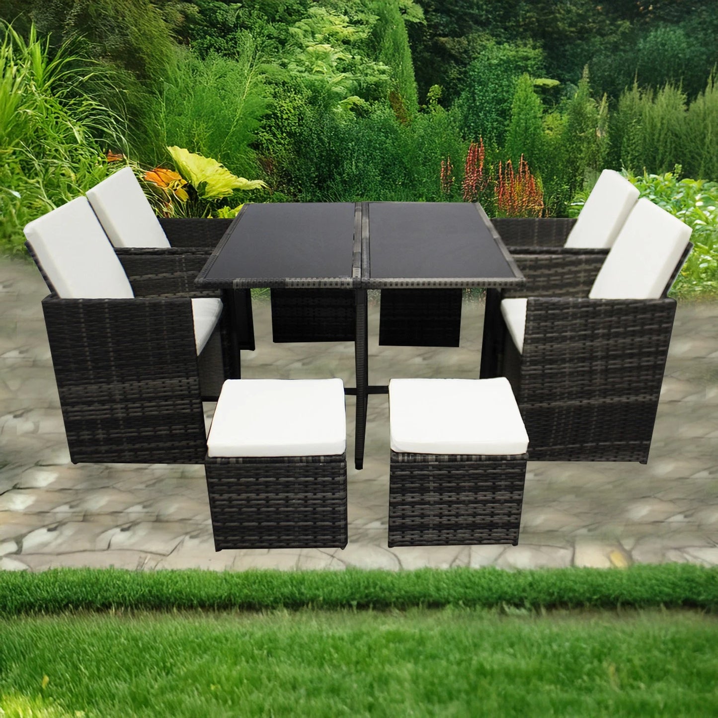 8 Seaters Rattan Garden Corner Sofa Set with Glass Dining Table Cushion Outdoor