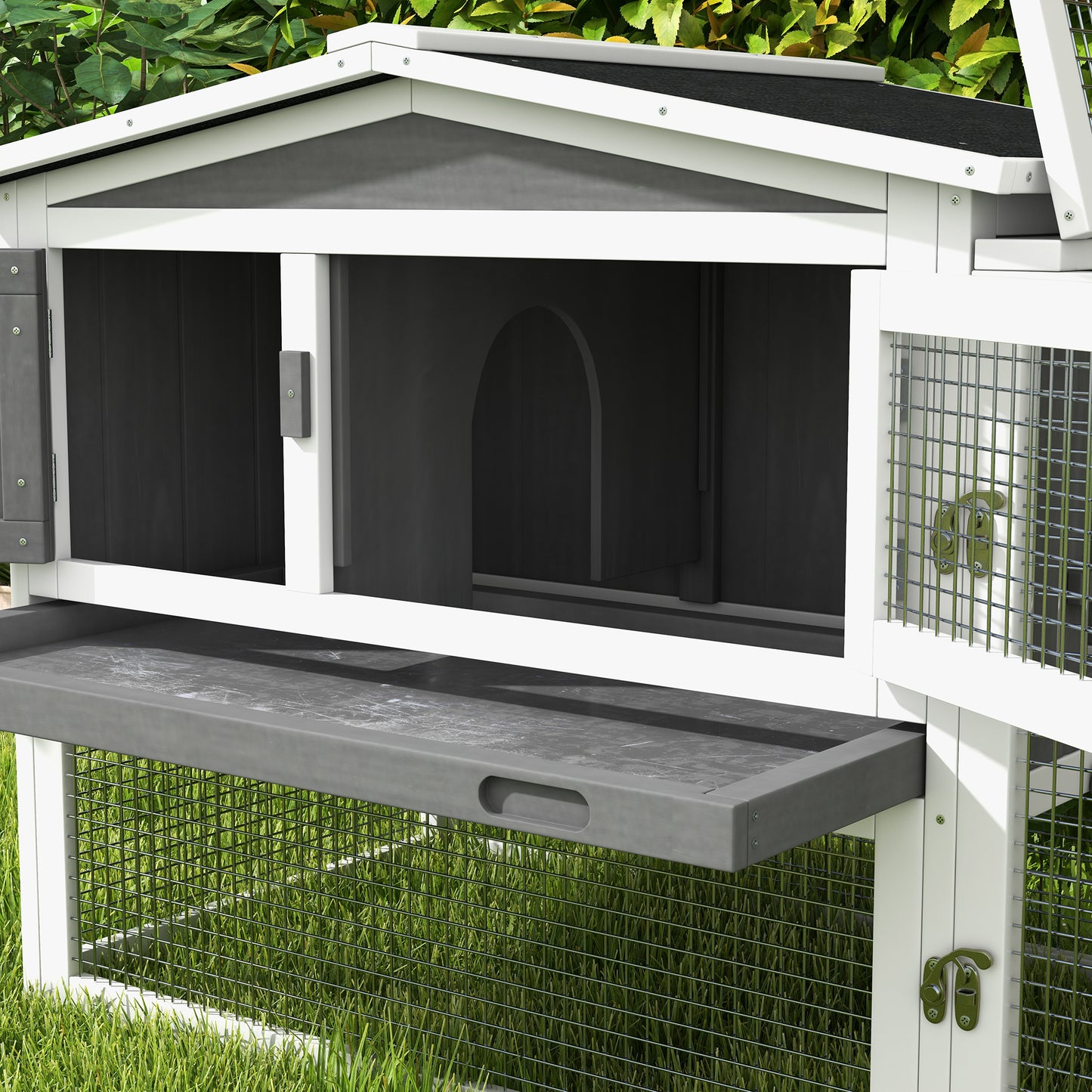 Grey Bunny Cage Rabbit Hutch Outdoor Guinea Pig House w/ Slide-Out Tray Hay Rack Ramp