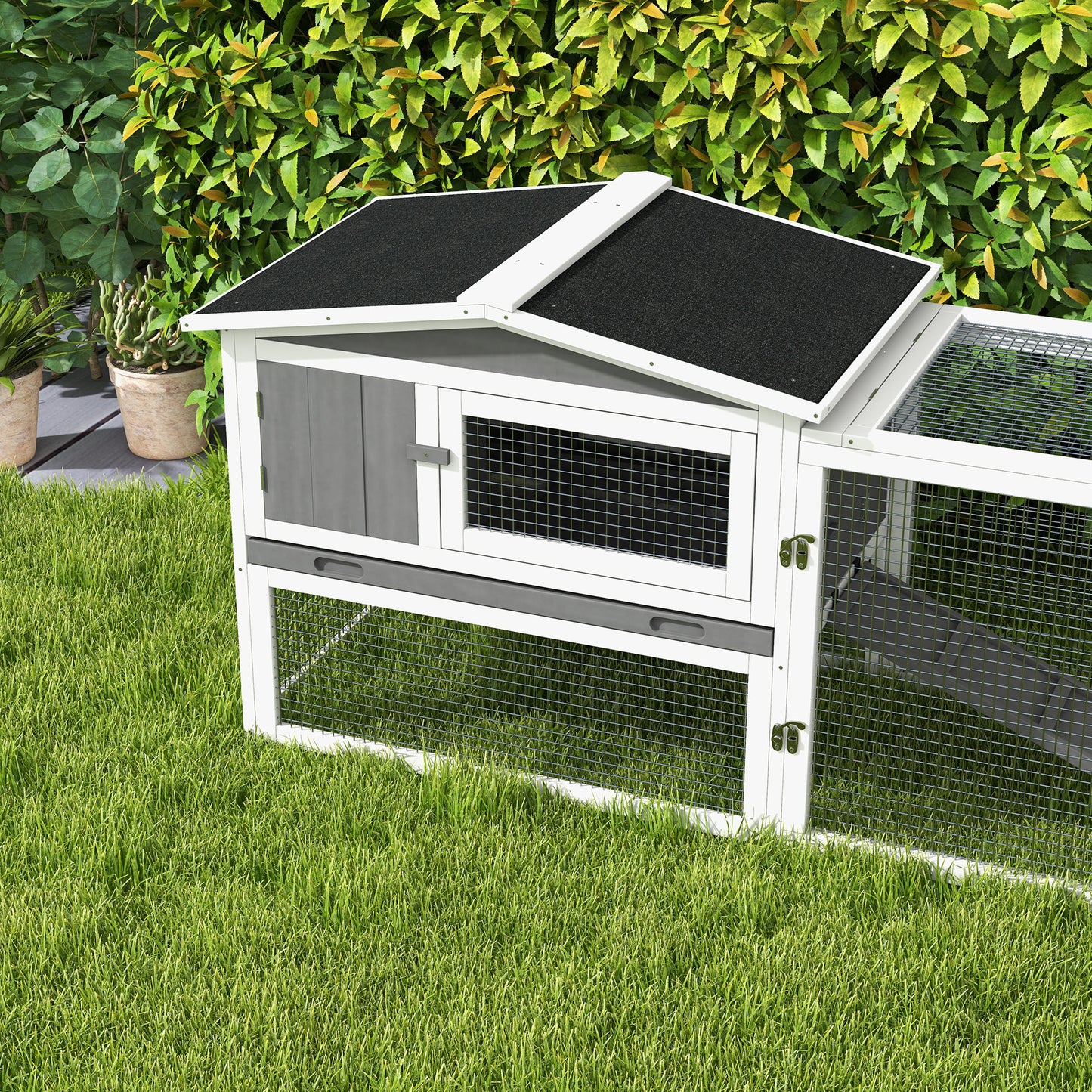 Grey Bunny Cage Rabbit Hutch Outdoor Guinea Pig House w/ Slide-Out Tray Hay Rack Ramp