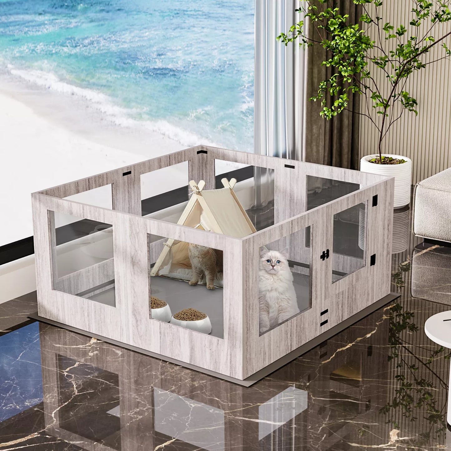 Wooden Dog Whelping Box Pet Puppy Playpen with Waterproof Fertility Pad