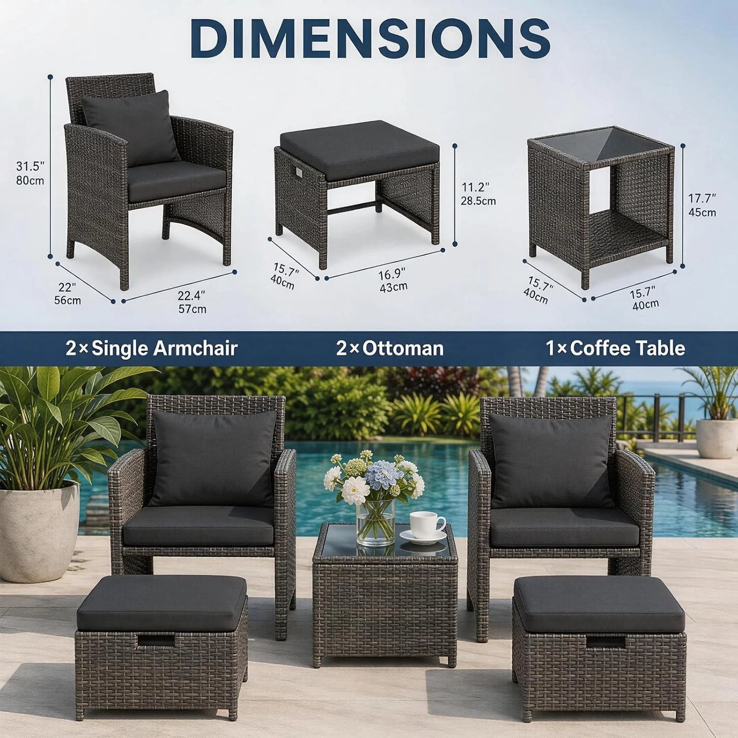 Rattan Sofa Set 5 Piece Rattan Garden Furniture Chair Coffee Table Outdoor Patio