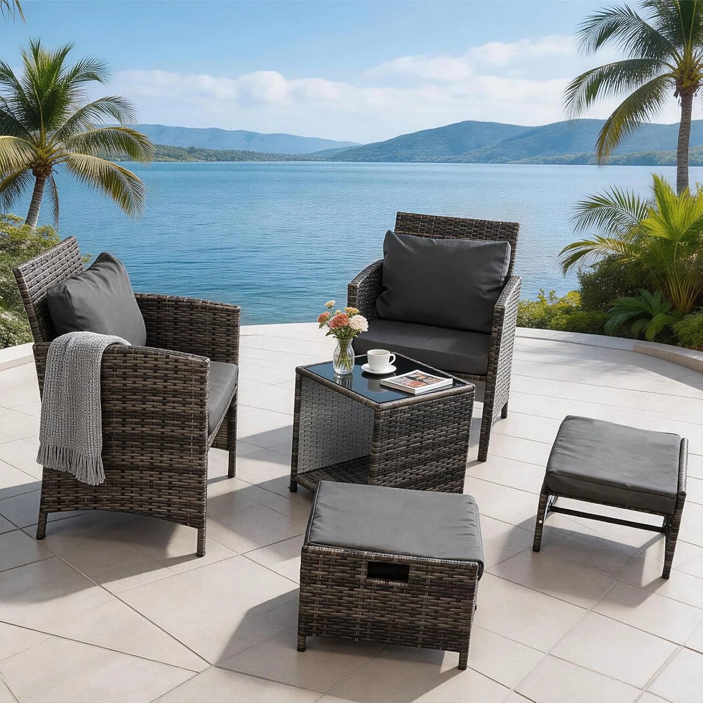 Rattan Sofa Set 5 Piece Rattan Garden Furniture Chair Coffee Table Outdoor Patio