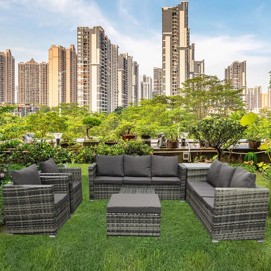 Rattan Corner Furniture Set 9 Seater Garden Sofa Stools Table + Waterproof Cover, UV Protected, 9 Seater, FREE Rain Cover