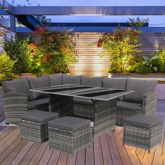 Rattan Garden Furniture 9 Seaters Corner Sofa Dining Table Outdoor Set