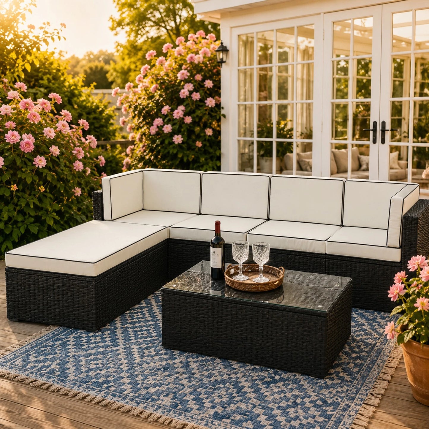 6 Seater Rattan Garden Furniture Corner Sofa L-Shape Set In/Outdoor with Cushion