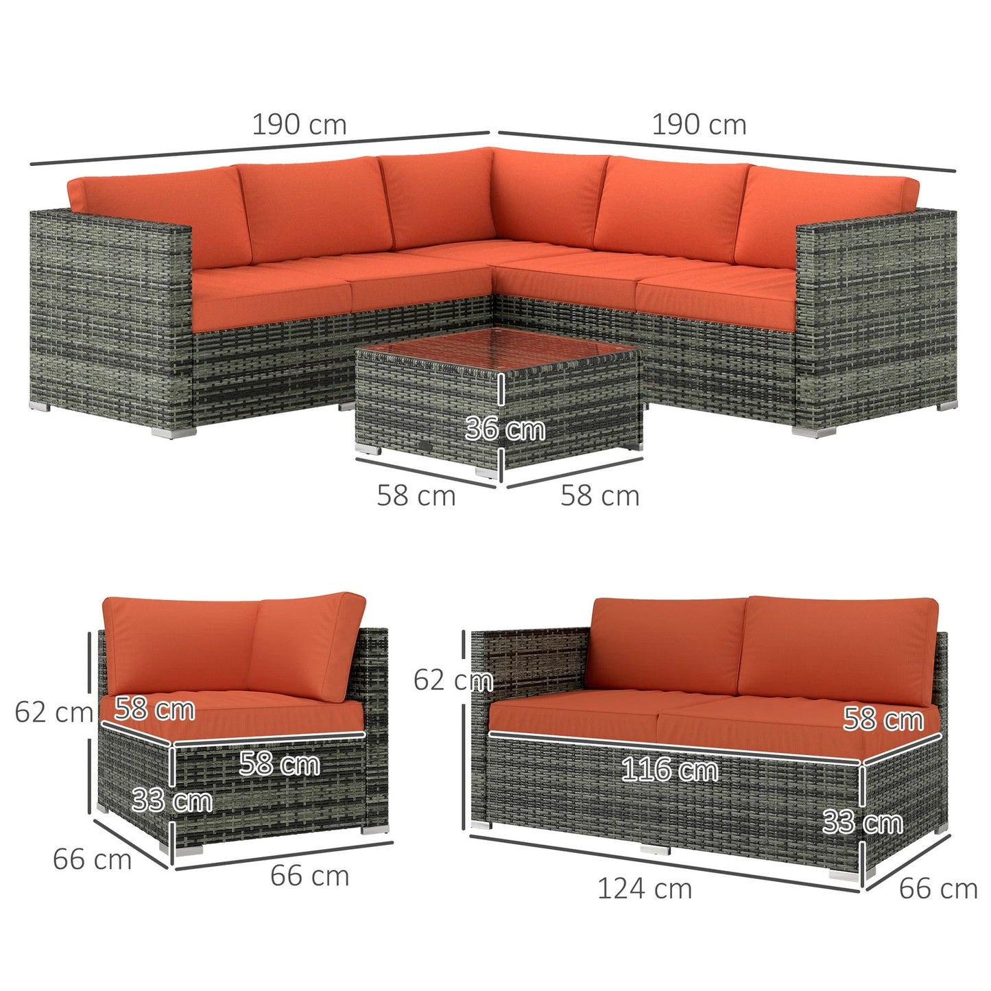 4 Pieces Rattan Garden Furniture Sofa Set with Coffee Table Orange