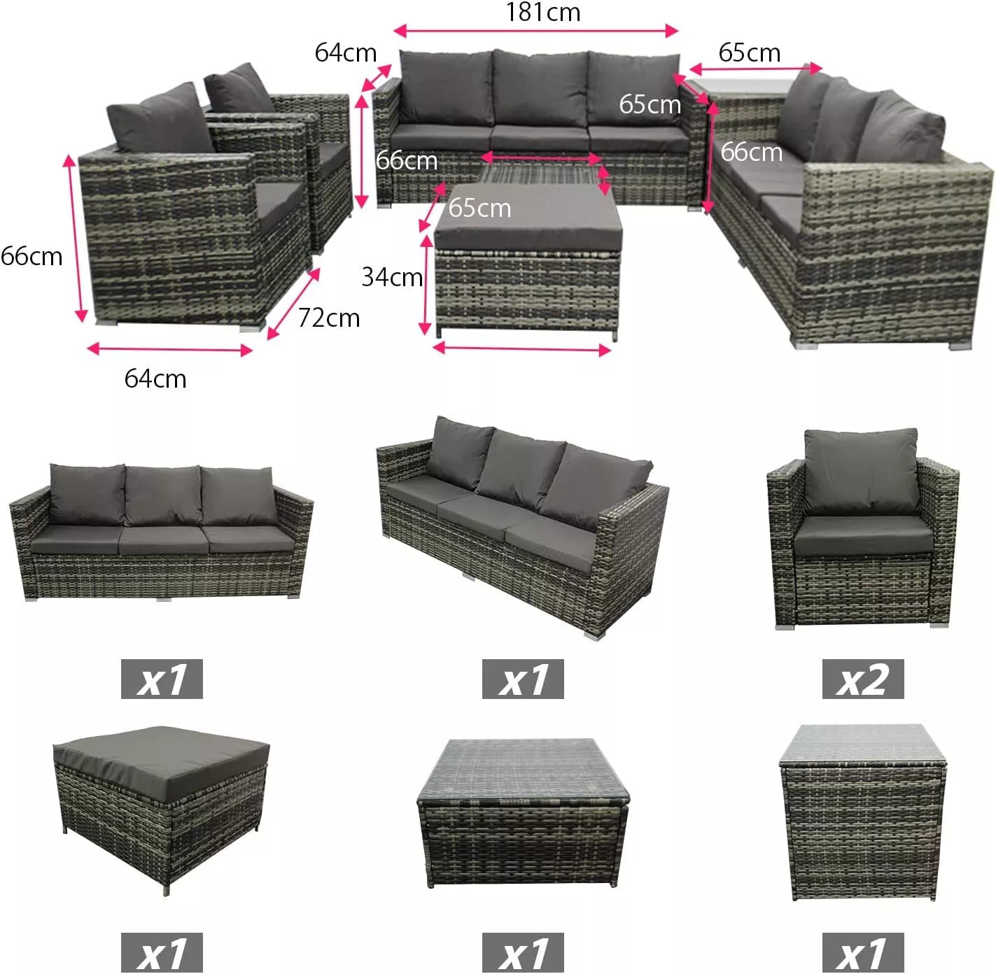 Rattan Corner Furniture Set 9 Seater Garden Sofa Stools Table + Waterproof Cover, UV Protected, 9 Seater, FREE Rain Cover