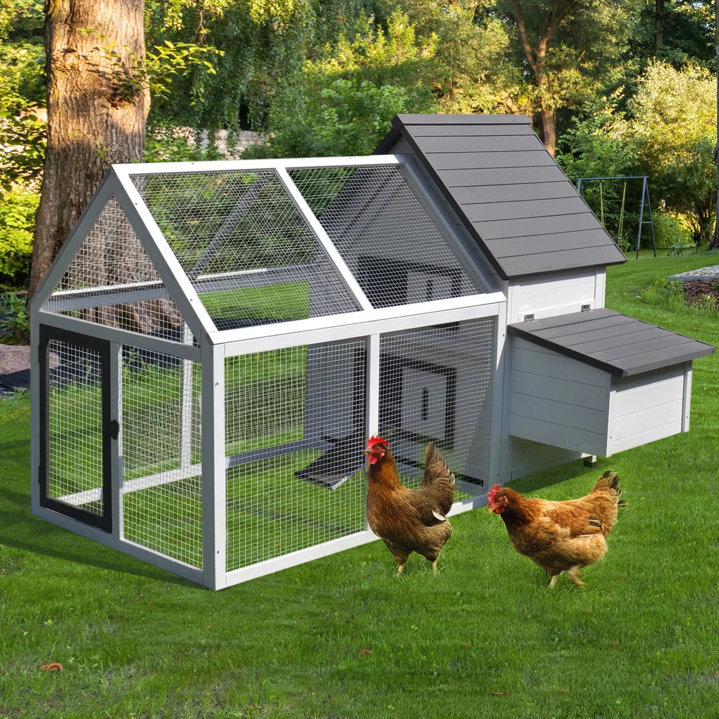 Wood Chicken Coop Pet Poultry Hen House Backyard with Nesting Box Ramp Run