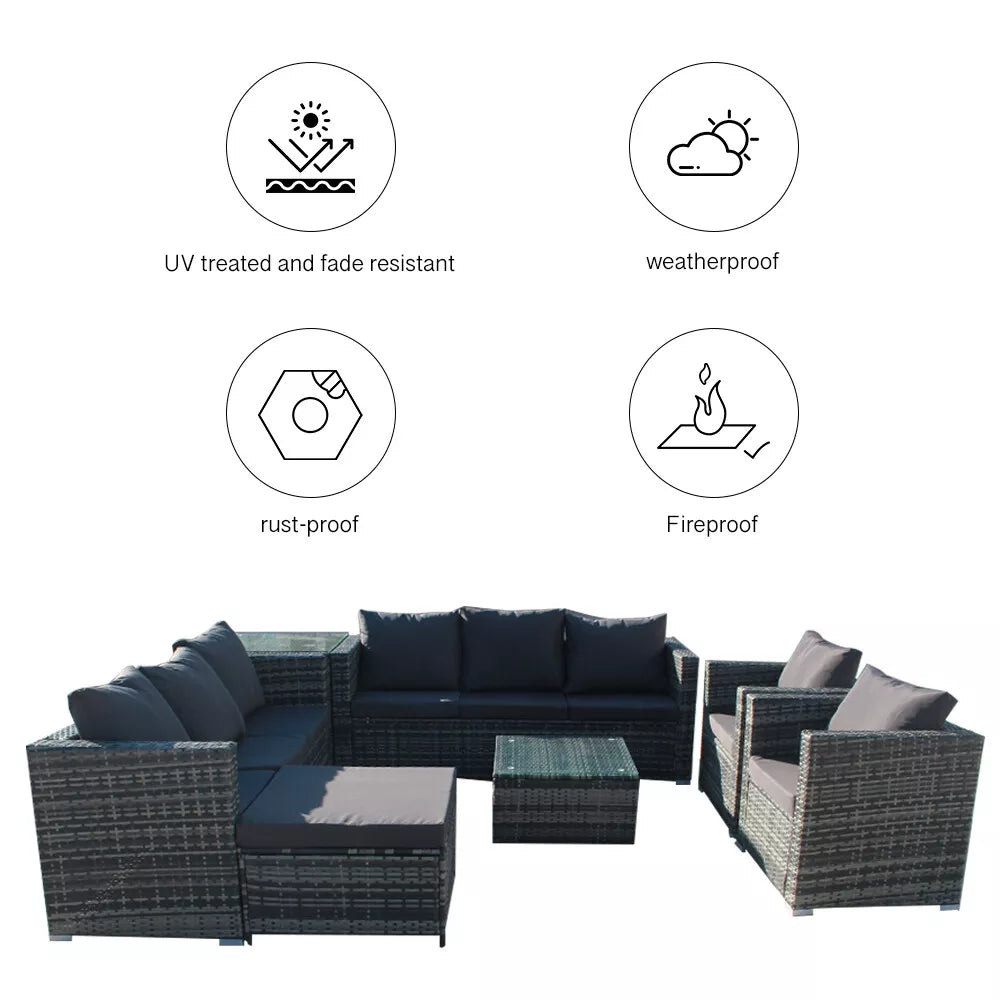 Rattan Corner Furniture Set 9 Seater Garden Sofa Stools Table + Waterproof Cover, UV Protected, 9 Seater, FREE Rain Cover