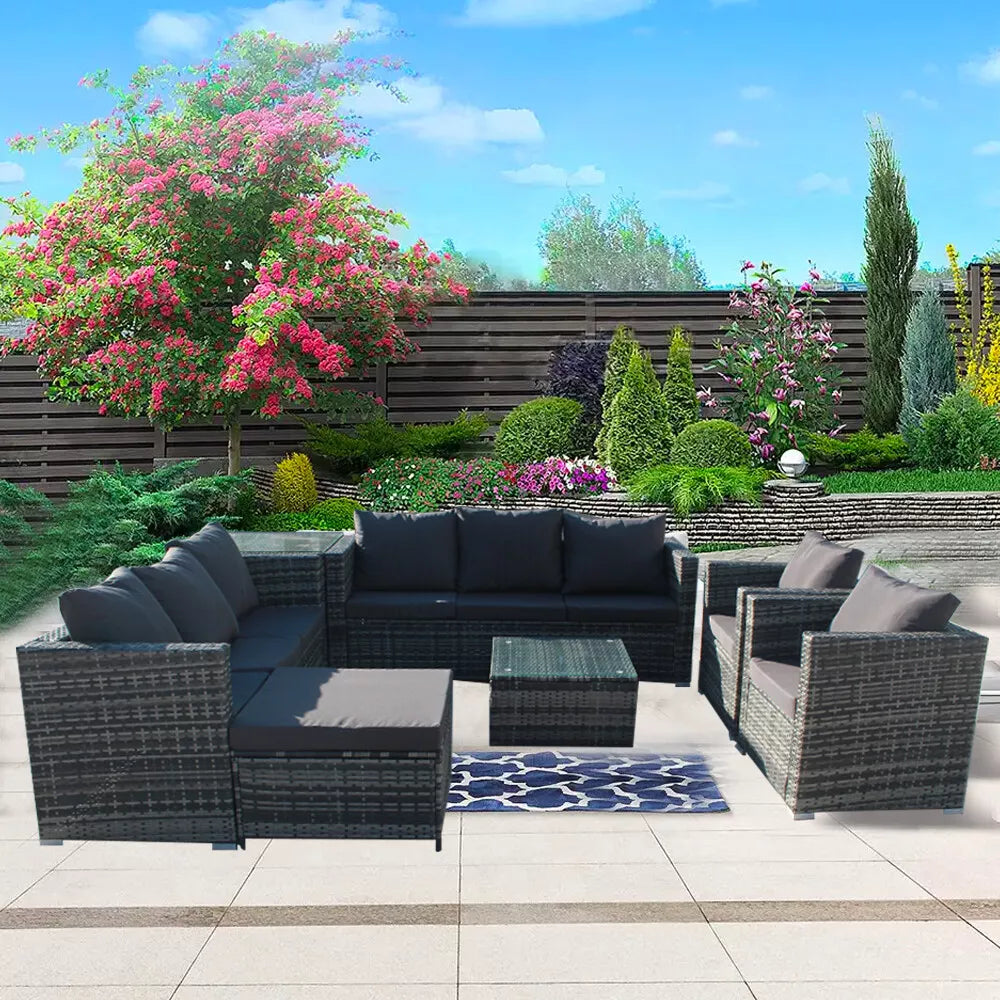 Rattan Corner Furniture Set 9 Seater Garden Sofa Stools Table + Waterproof Cover, UV Protected, 9 Seater, FREE Rain Cover