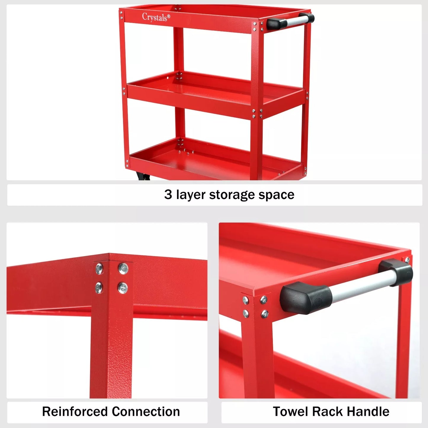 Tool Storage Heavy Duty Garage Trolley Workshop 3 Tier Wheel Cart DIY Red UK