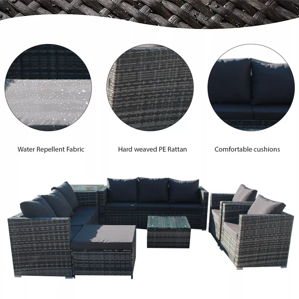 Rattan Corner Furniture Set 9 Seater Garden Sofa Stools Table + Waterproof Cover, UV Protected, 9 Seater, FREE Rain Cover