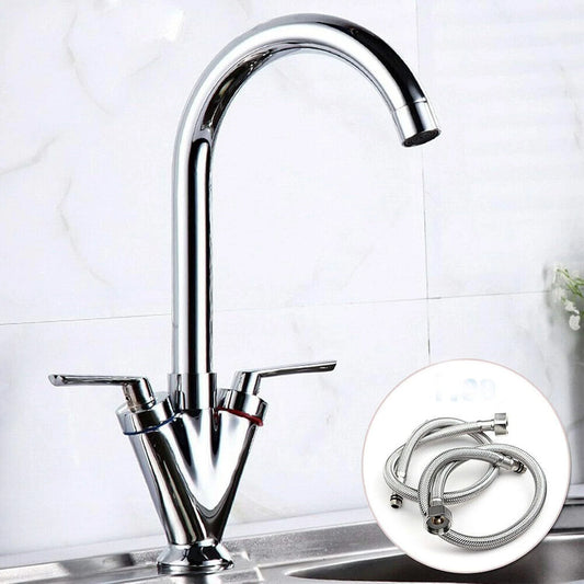 Modern Kitchen Sink Mixer Taps Swivel Spout Dual Lever Tap Mono Chrome Faucet UK