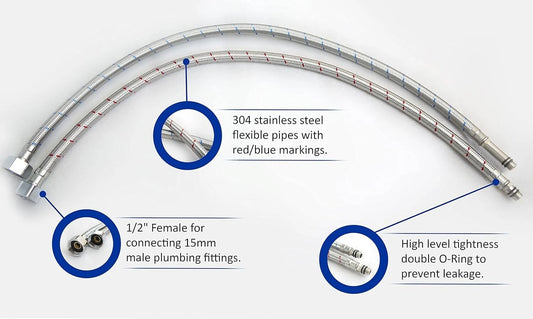 2X M12x1/2 BSP (300mm) Flexible Tap Connectors for Monobloc Mixer Taps