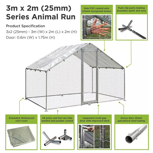 Run 3 x 2 m 25mm  Pet Hens Dogs Poultry Rabbit Ducks Coop