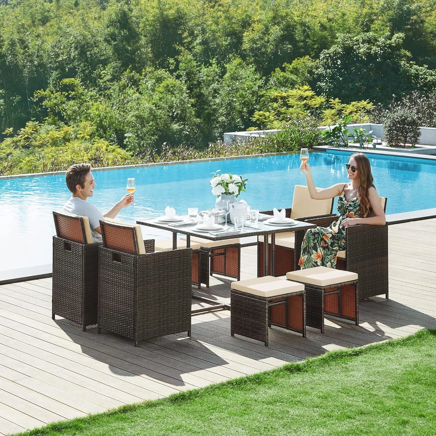 8 Seaters Rattan Garden Corner Sofa Set with Glass Dining Table Cushion Outdoor